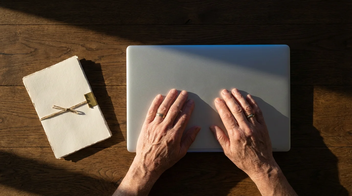 High angle view of mature hands using a laptop on a wooden desk.