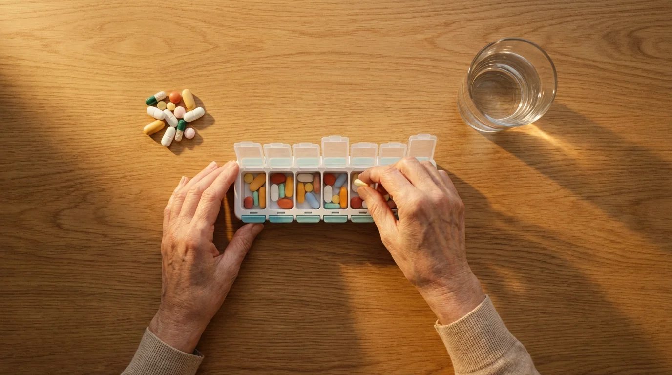 High angle view of older hands organizing medications into a weekly pill container at sunset.