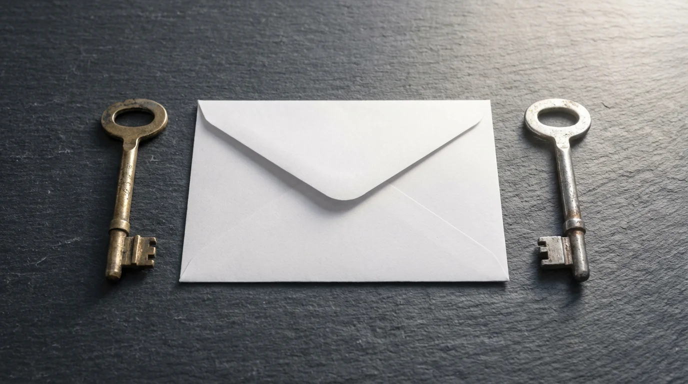 High angle view of two separate keys and a white envelope on a slate background.
