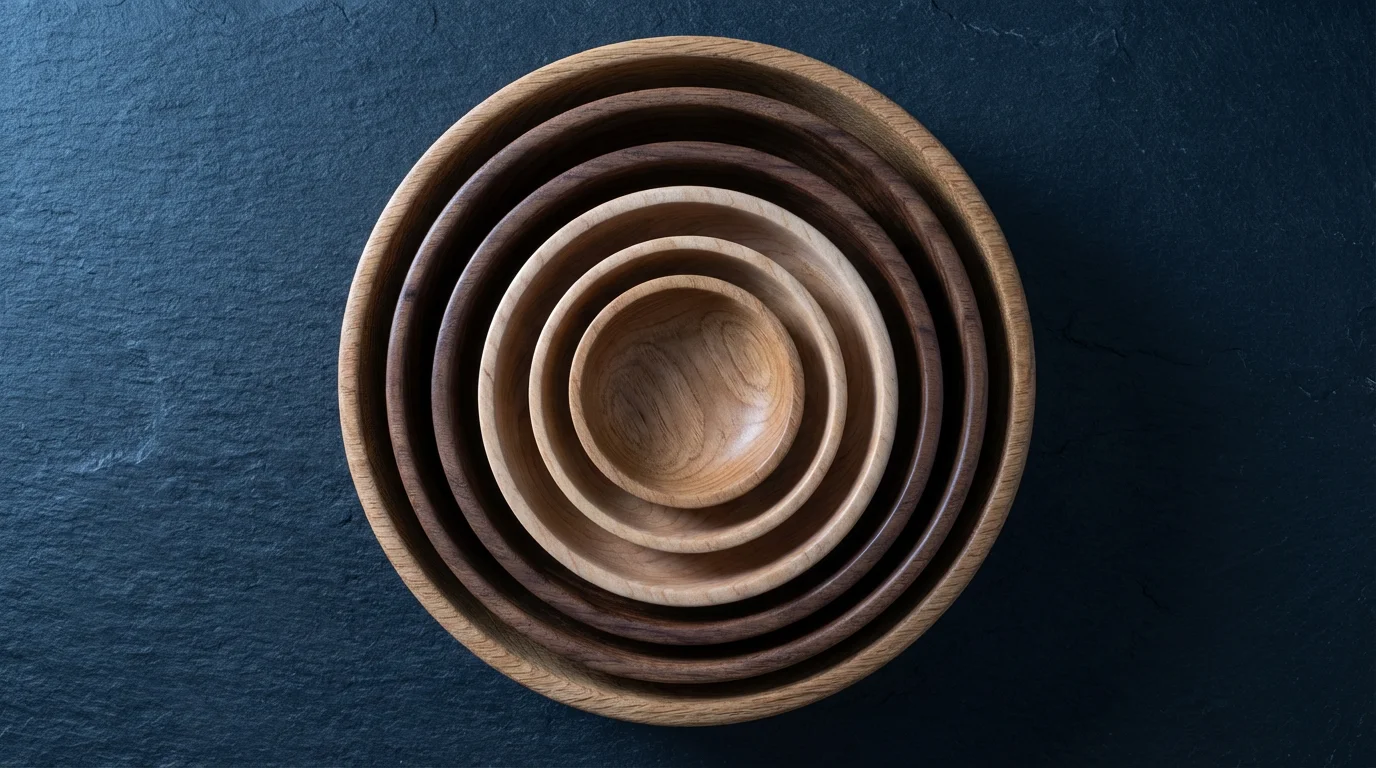 High angle view of wooden nesting bowls arranged on a dark slate background.