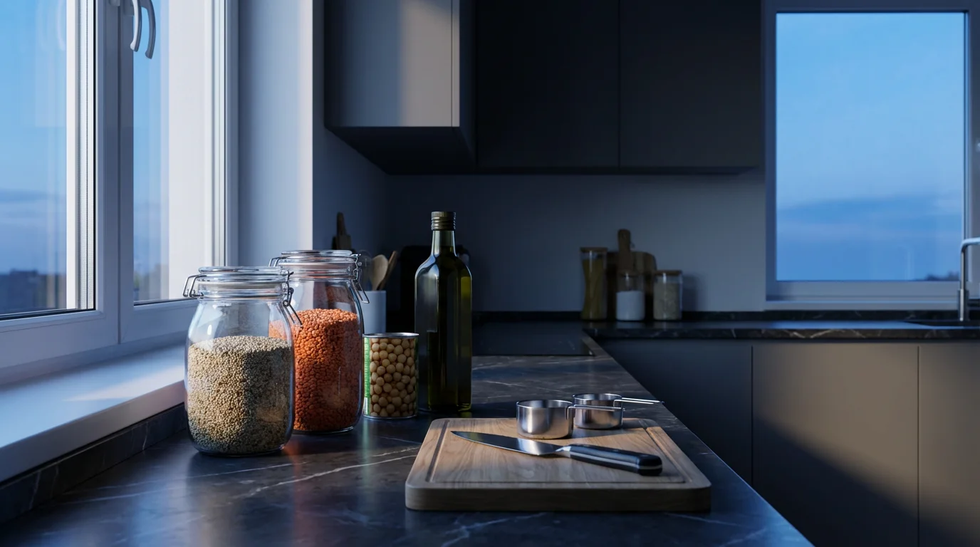 Kitchen counter with pantry staples like quinoa, lentils, olive oil, and cooking tools.