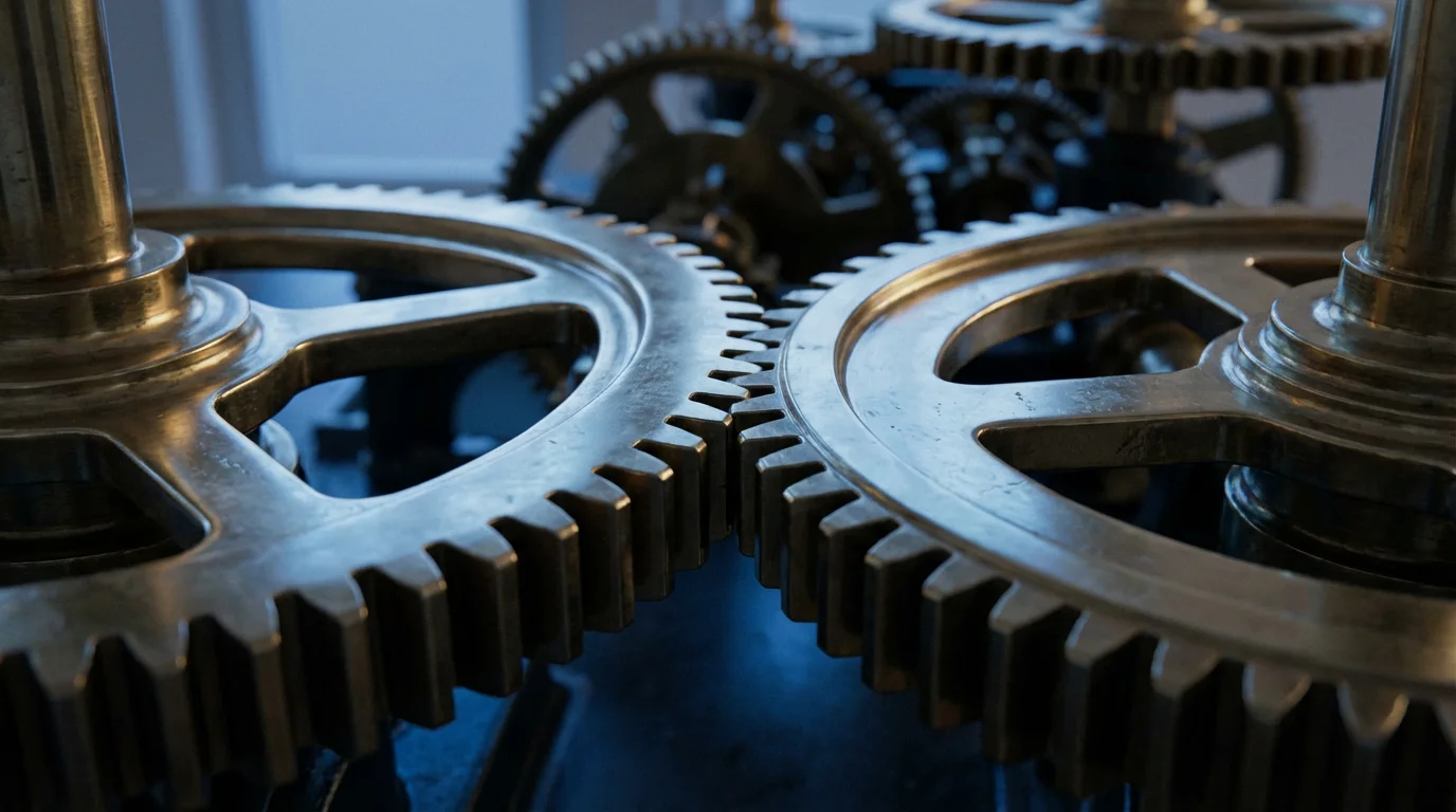 Low angle close-up of two large interlocking metal gears during blue hour light.