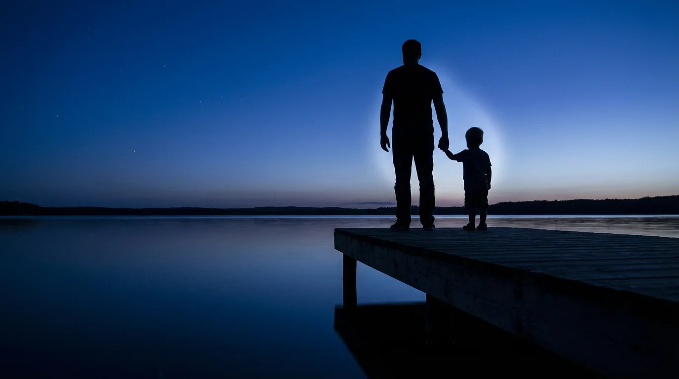 Low angle of a parent and child silhouetted against a calm lake at twilight.