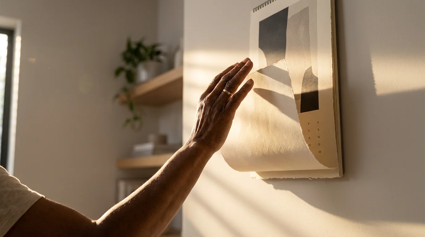 Low angle of a woman's hand turning a page on a wall calendar during sunset.
