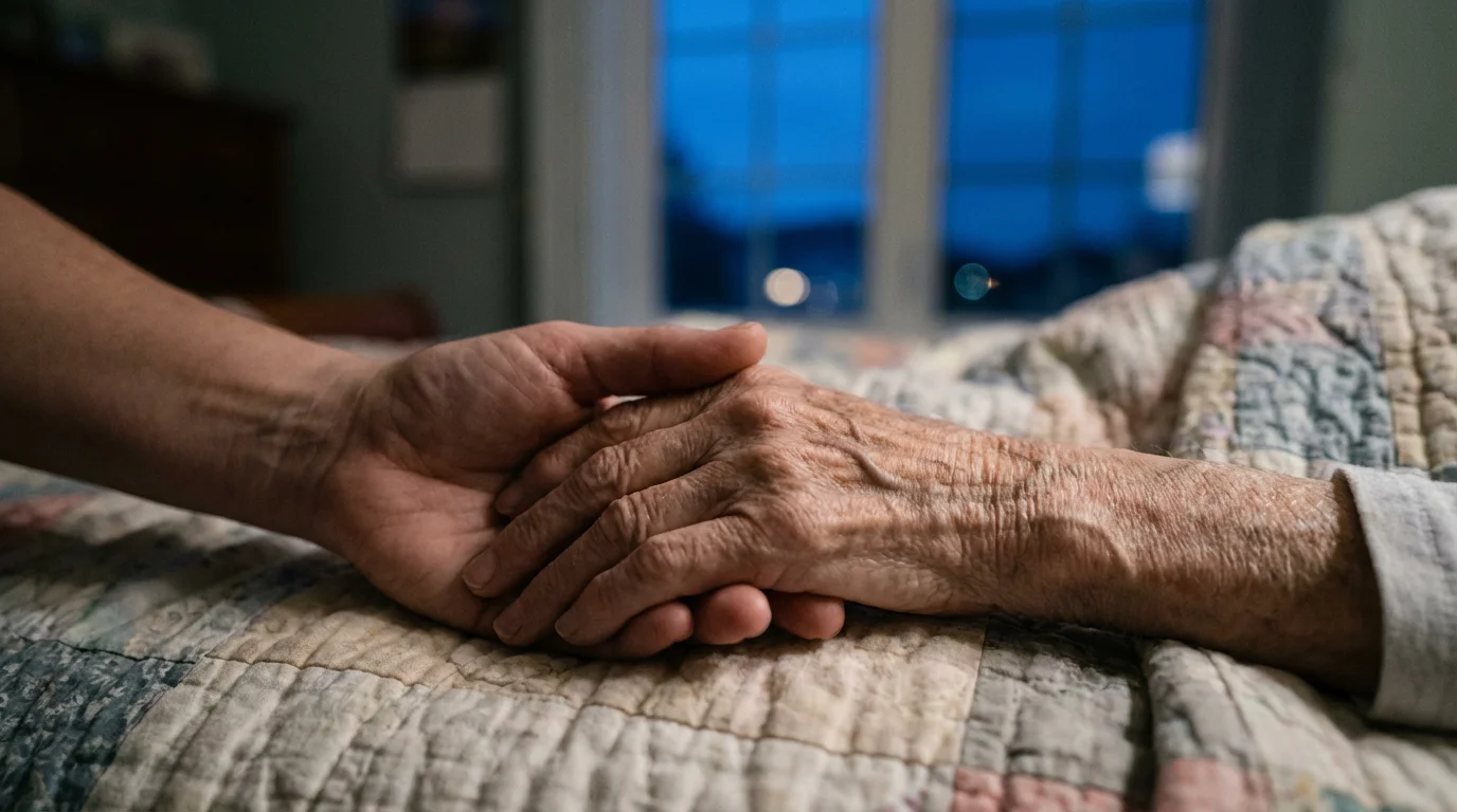Low angle photo of a caregiver's hand holding an elderly person's hand at twilight.