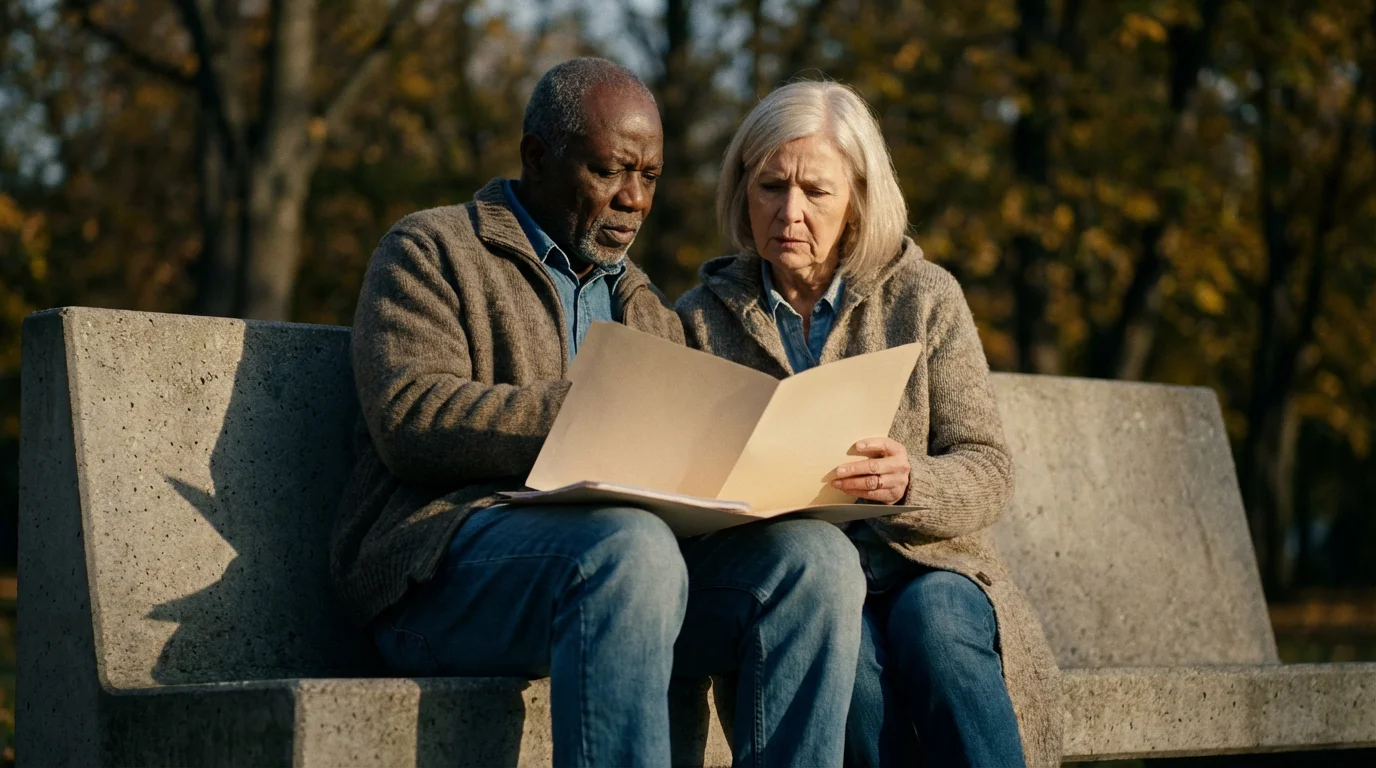 Low angle photo of a senior couple on a park bench reviewing a folder.