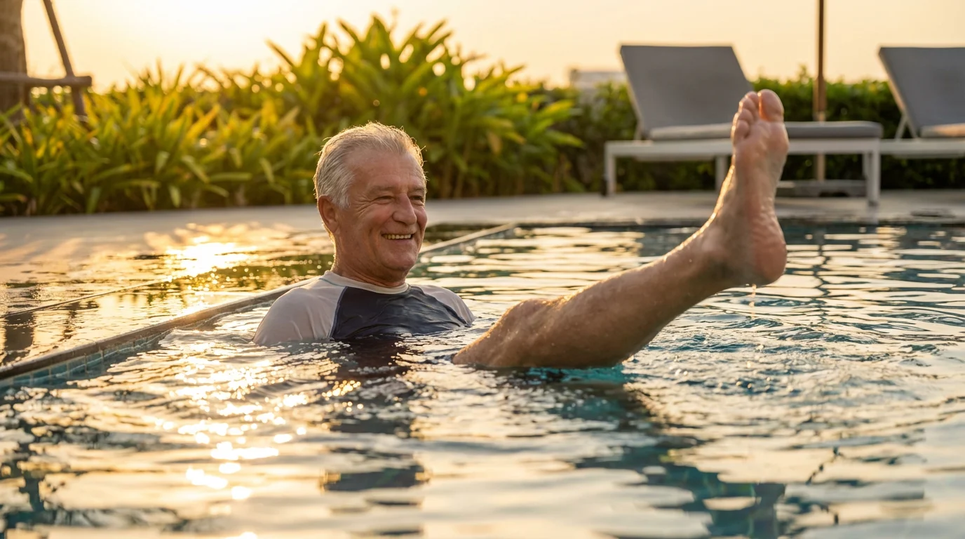 Low angle photo of a senior man doing low-impact water aerobics in a pool.