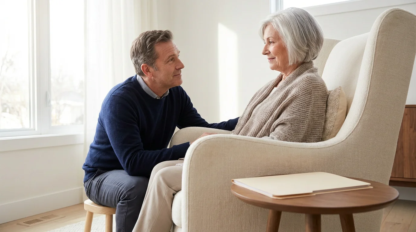 Low angle photo of an adult son looking up trustingly at his senior mother.