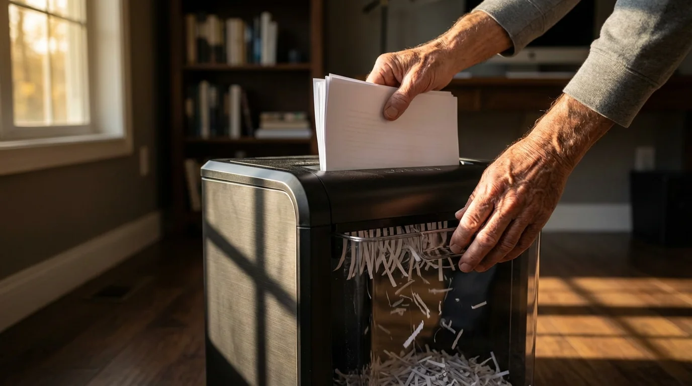 Low angle photograph of a senior person's hands feeding documents into a paper shredder.