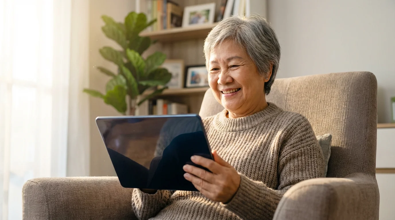 Low angle shot of a happy senior woman holding a digital tablet at home.