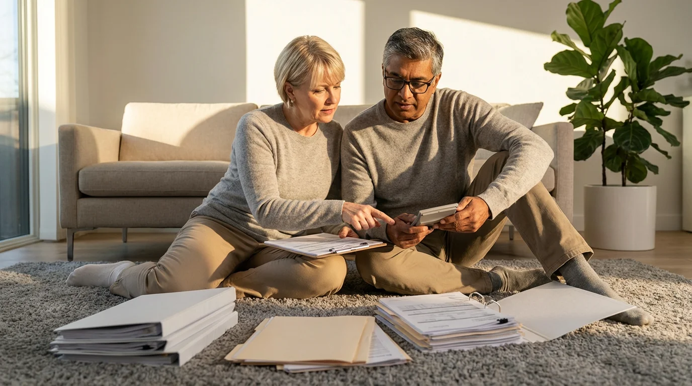 Low angle shot of a mature couple sitting on a living room floor organizing paperwork.