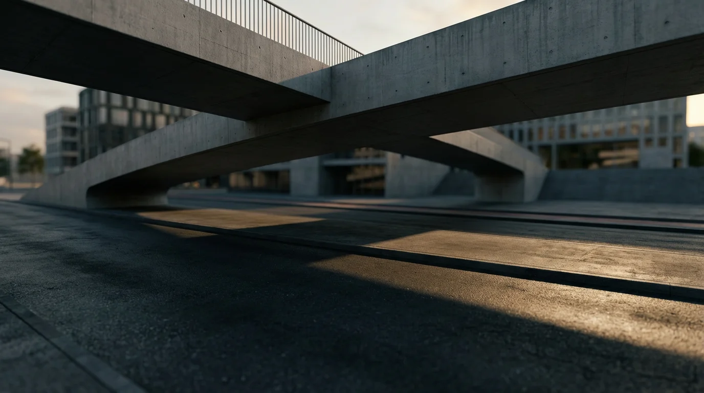 Low angle shot of a modern concrete bridge casting a long shadow over a road.