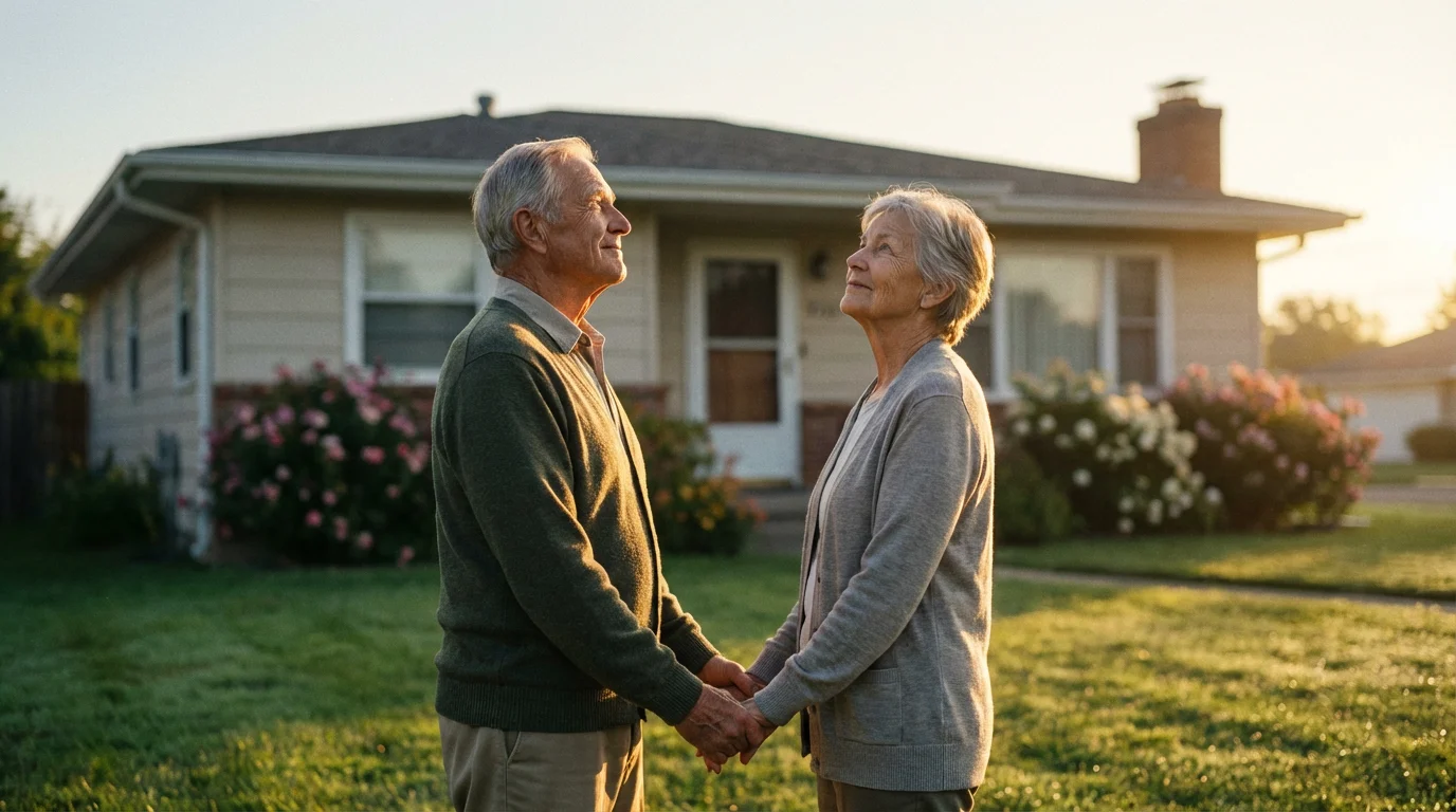 Low angle shot of a senior couple holding hands and looking at their house during a golden sunrise.