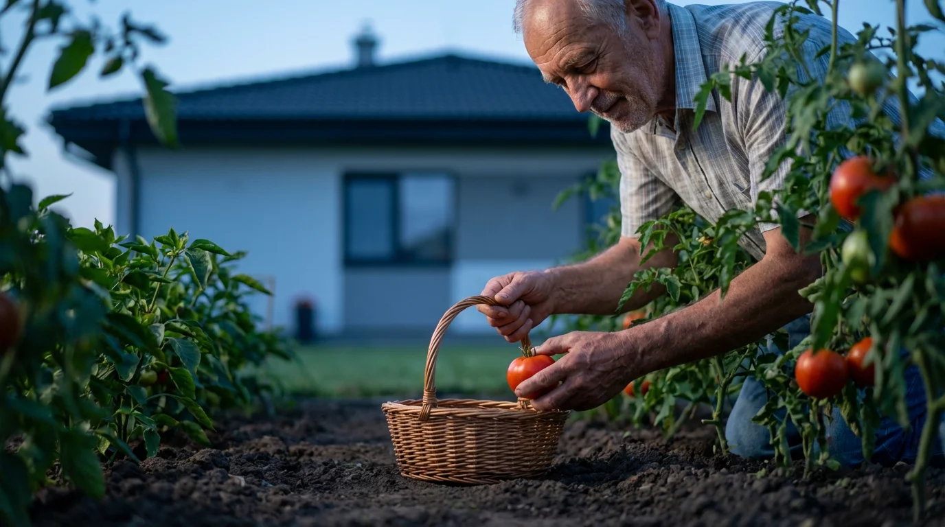 Low angle shot of a senior man harvesting vegetables from his backyard garden at twilight.