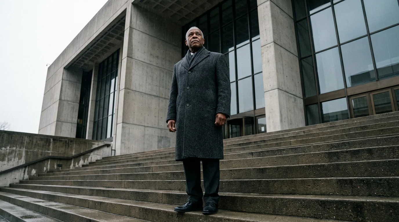 Low angle shot of a senior man looking up at a large government building.