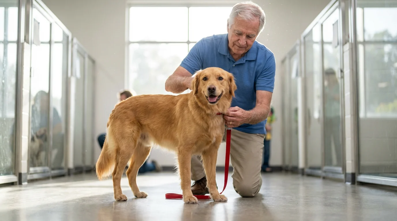 Low angle shot of a senior volunteer kneeling to put a leash on a happy dog.