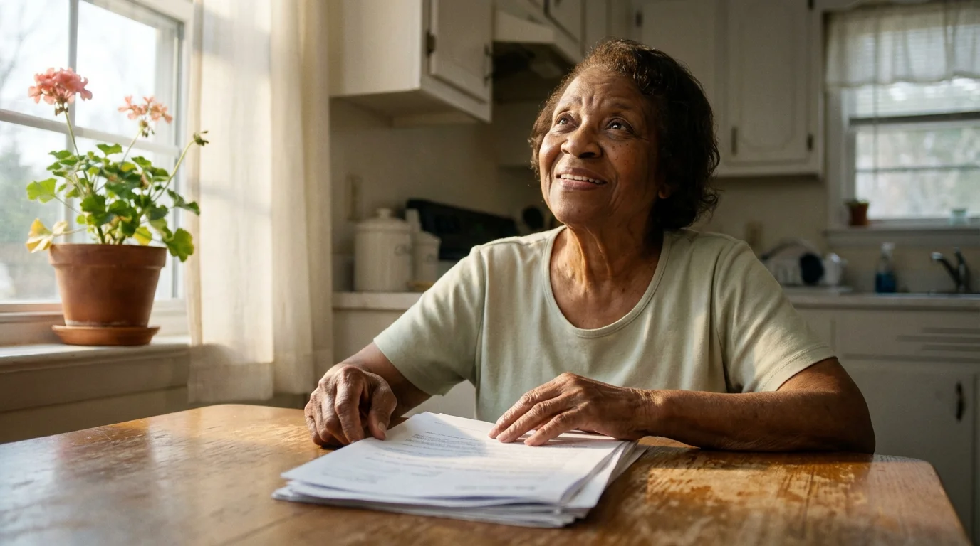 Low angle shot of a senior woman at a kitchen table with documents, looking relieved.