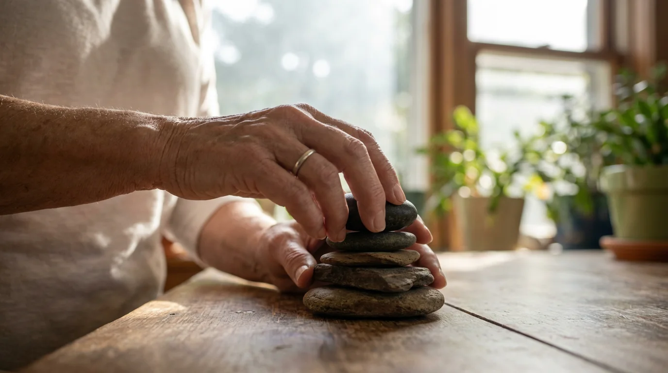 Low angle shot of a senior woman's hands stacking stones by a sunlit window.