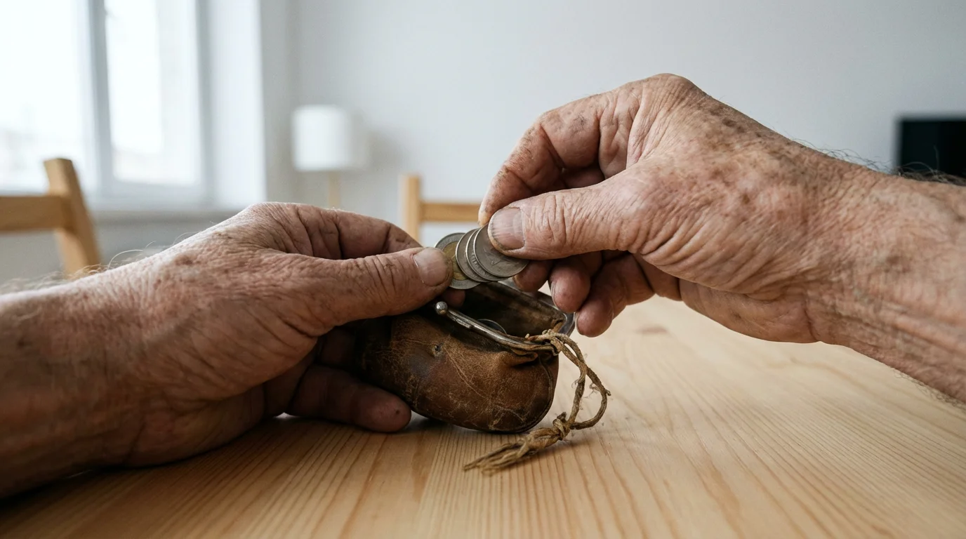Low angle shot of a senior's hands putting coins into a worn leather purse.
