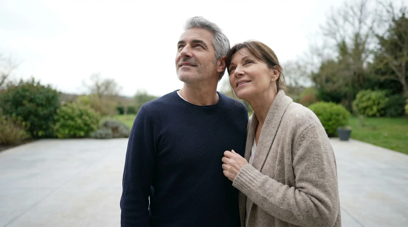 Low angle shot of a thoughtful middle-aged couple standing together on a modern patio, looking into the distance.