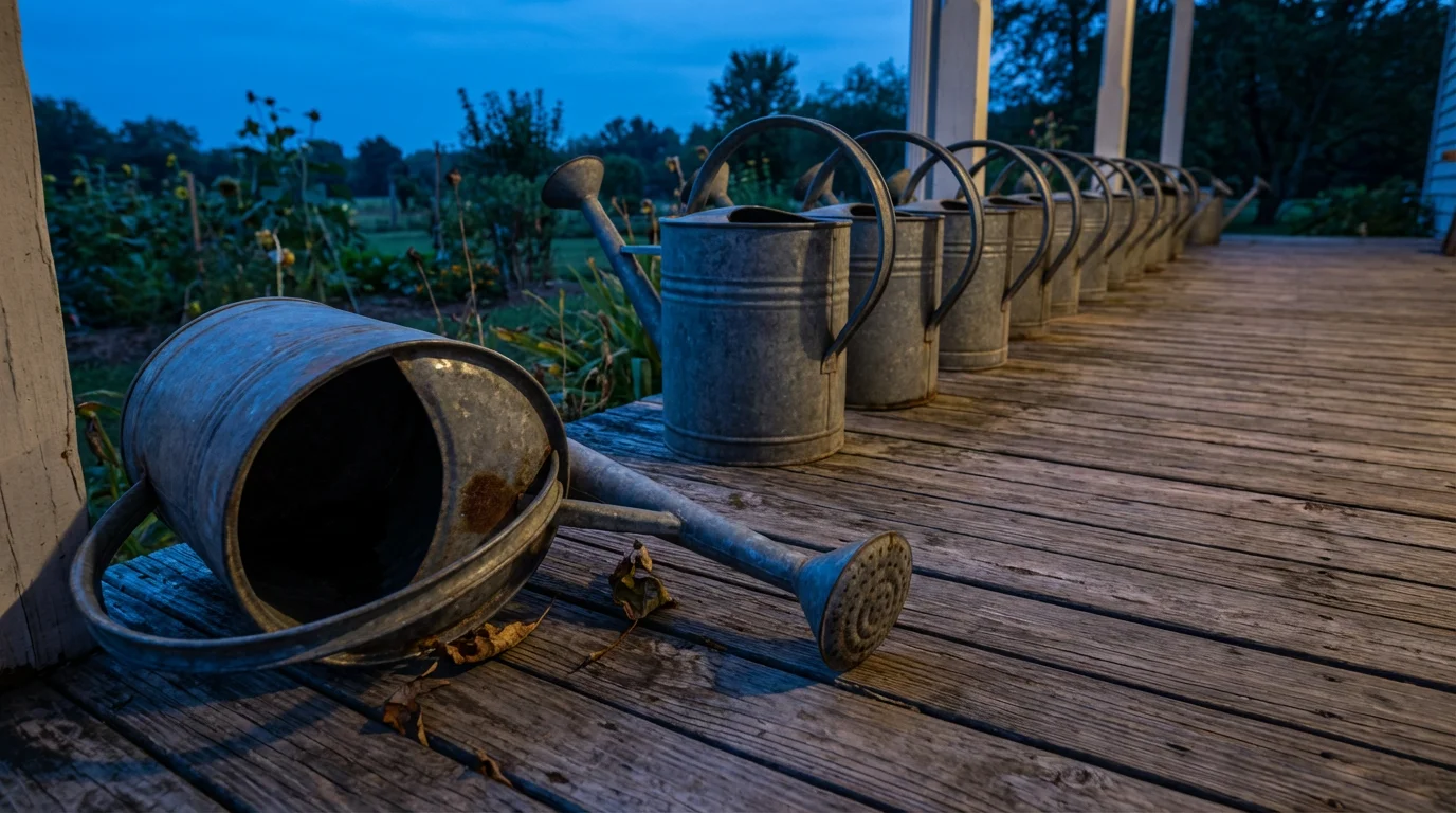 Low angle shot of an empty metal watering can on a porch at dusk.