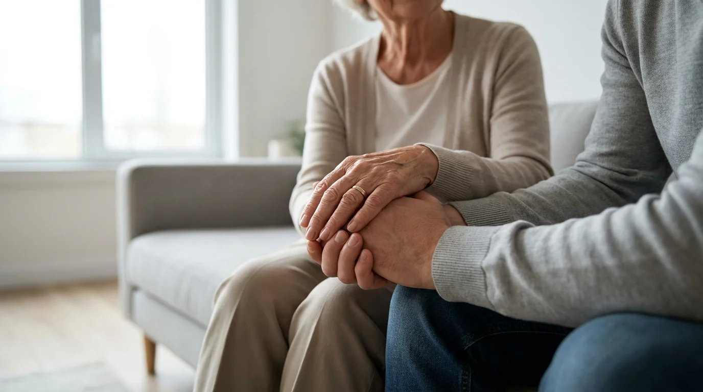 Low angle shot of an older and younger person's hands clasped together supportively indoors.