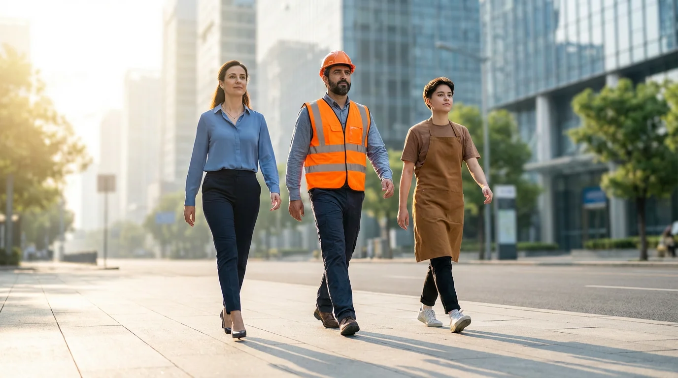 Low angle shot of diverse urban workers walking on a city sidewalk in morning light.