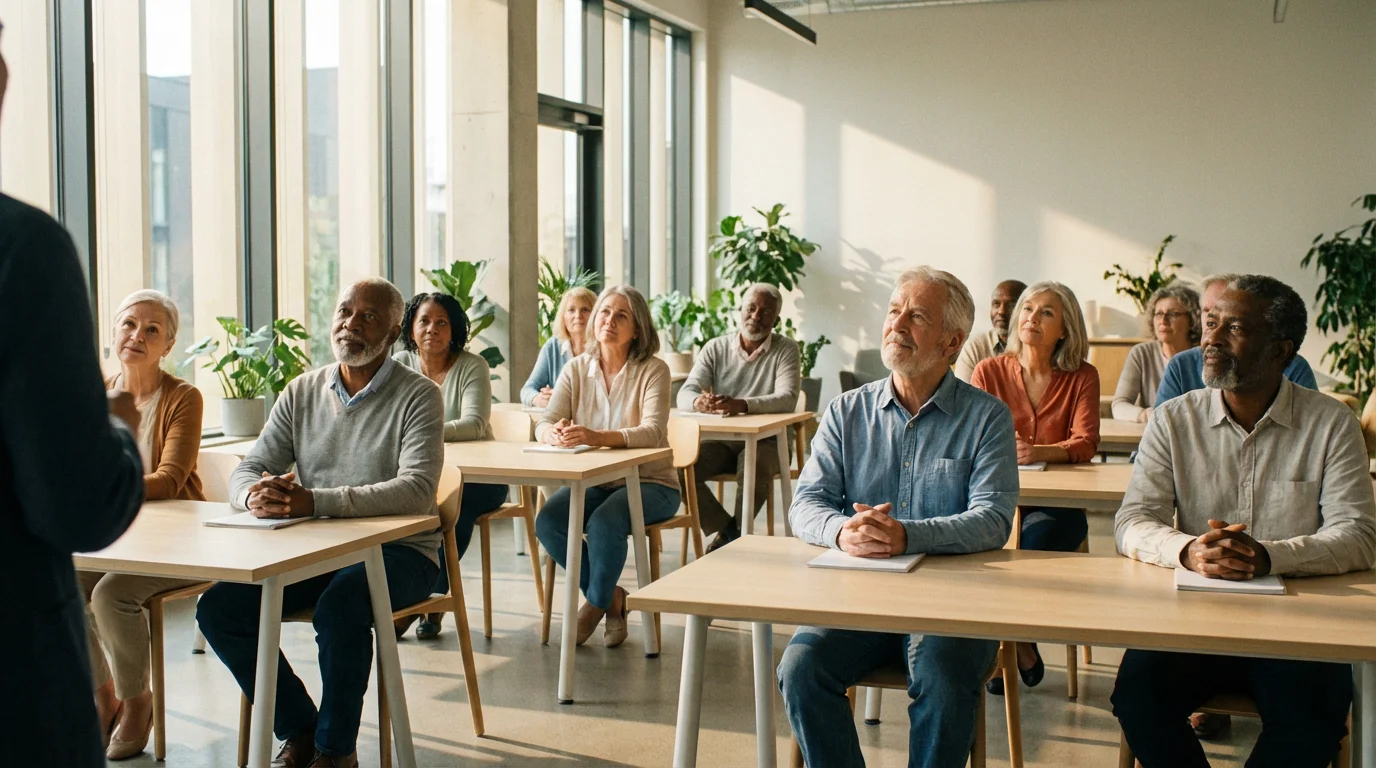 Low angle shot of older adults attentively participating in a driver safety course classroom.