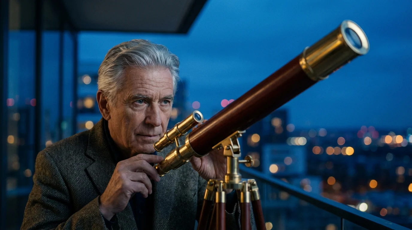 Low angle shot of senior man adjusting a telescope on a city balcony at dusk.