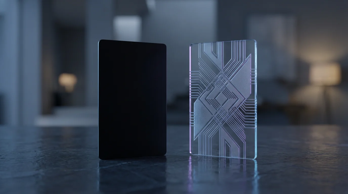 Low angle shot of two contrasting modern cards, one black and one clear, symbolizing a choice.