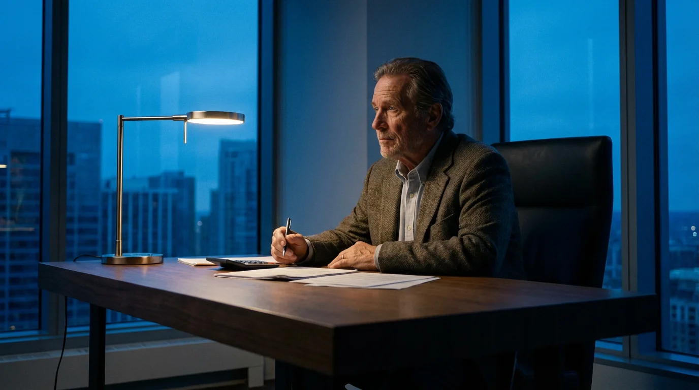 Low angle view of a mature man at a desk contemplating financial papers at dusk.