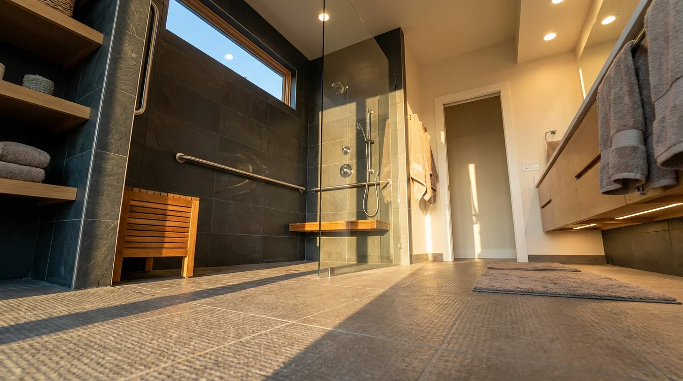 Low angle view of a modern, accessible walk-in shower with grab bars and bench.