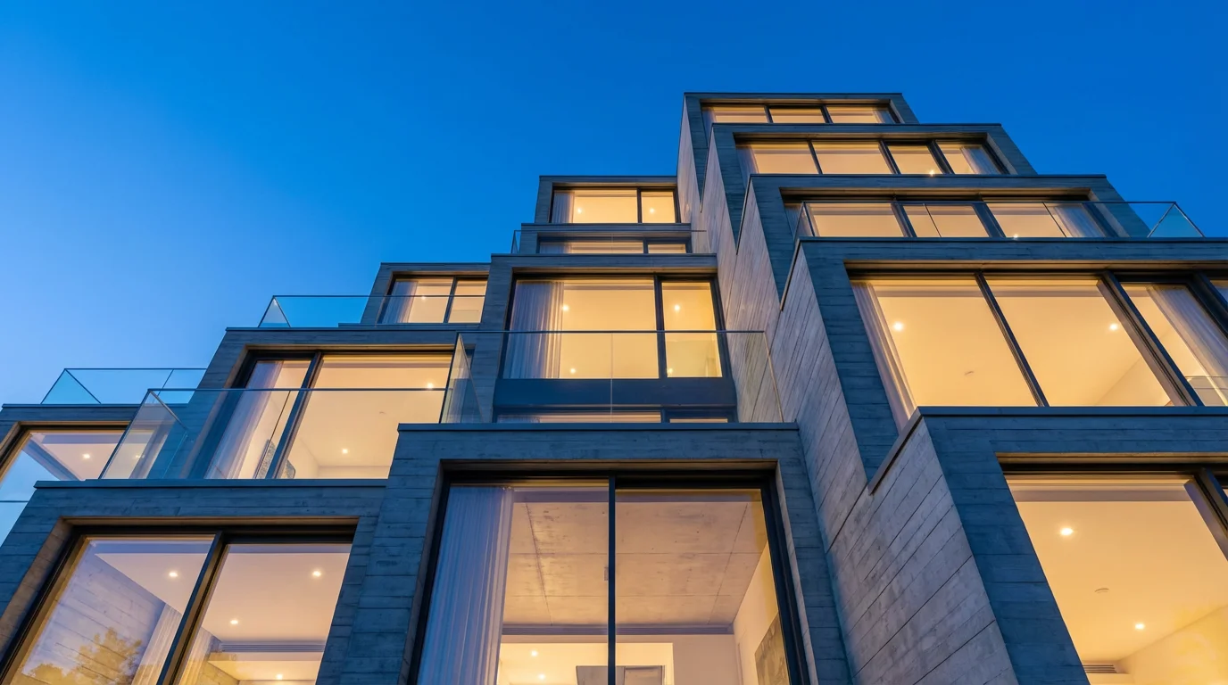 Low angle view of a modern, multi-tiered building with glowing windows at dusk.