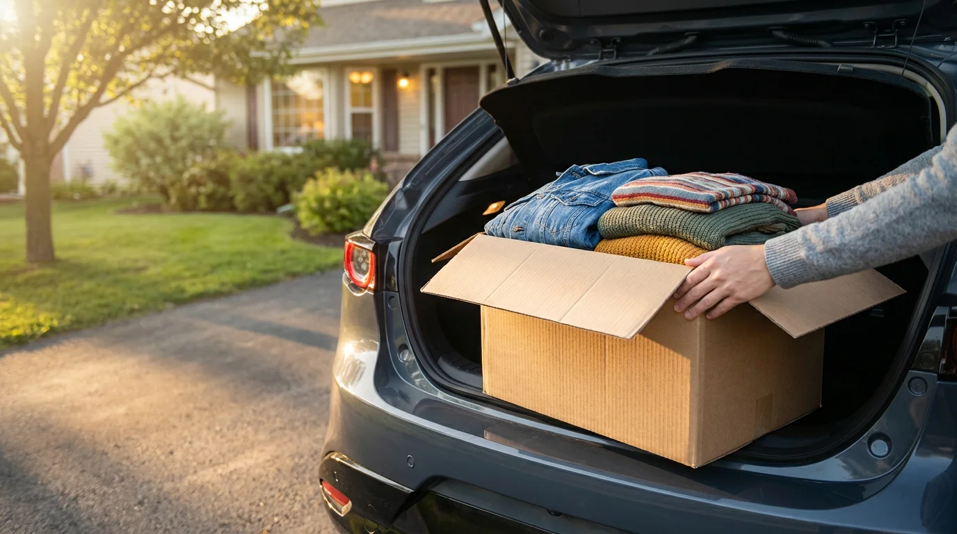 Low angle view of a person loading a cardboard box of donated clothing into a car trunk.