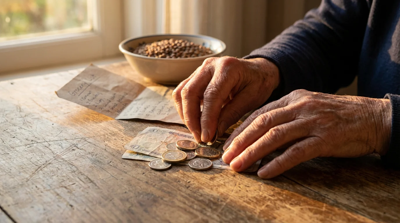 Low angle view of a senior woman's hands counting coins and bills during golden hour.