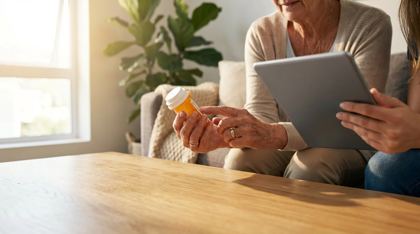 Low angle view of a younger woman helping an older woman with prescription information.