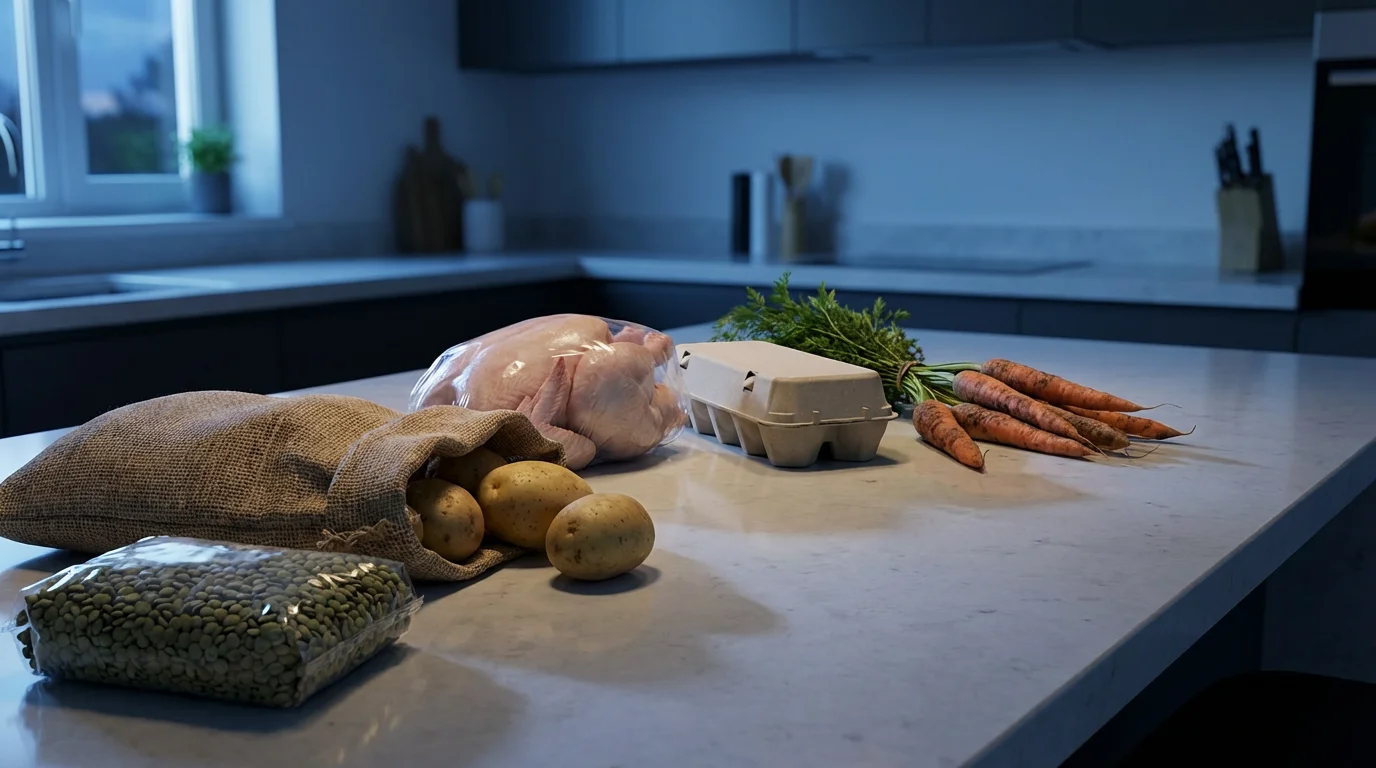 Low angle view of budget-friendly groceries like chicken, eggs, and produce on a counter.