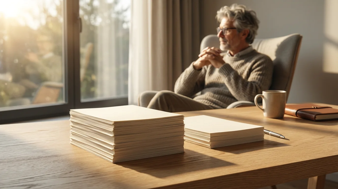 Low angle view of two stacks of paper on a desk with a pensive man.