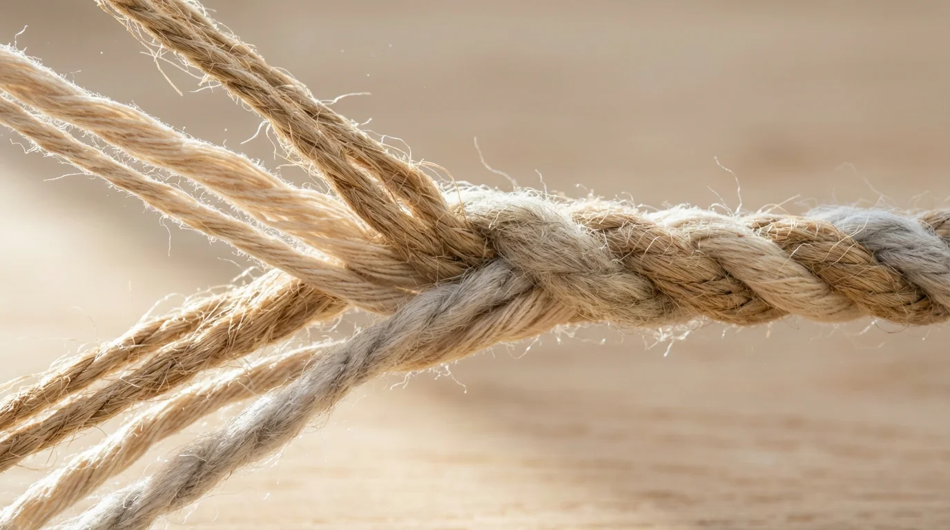 Macro close-up of different textured threads being woven together into a strong cord.