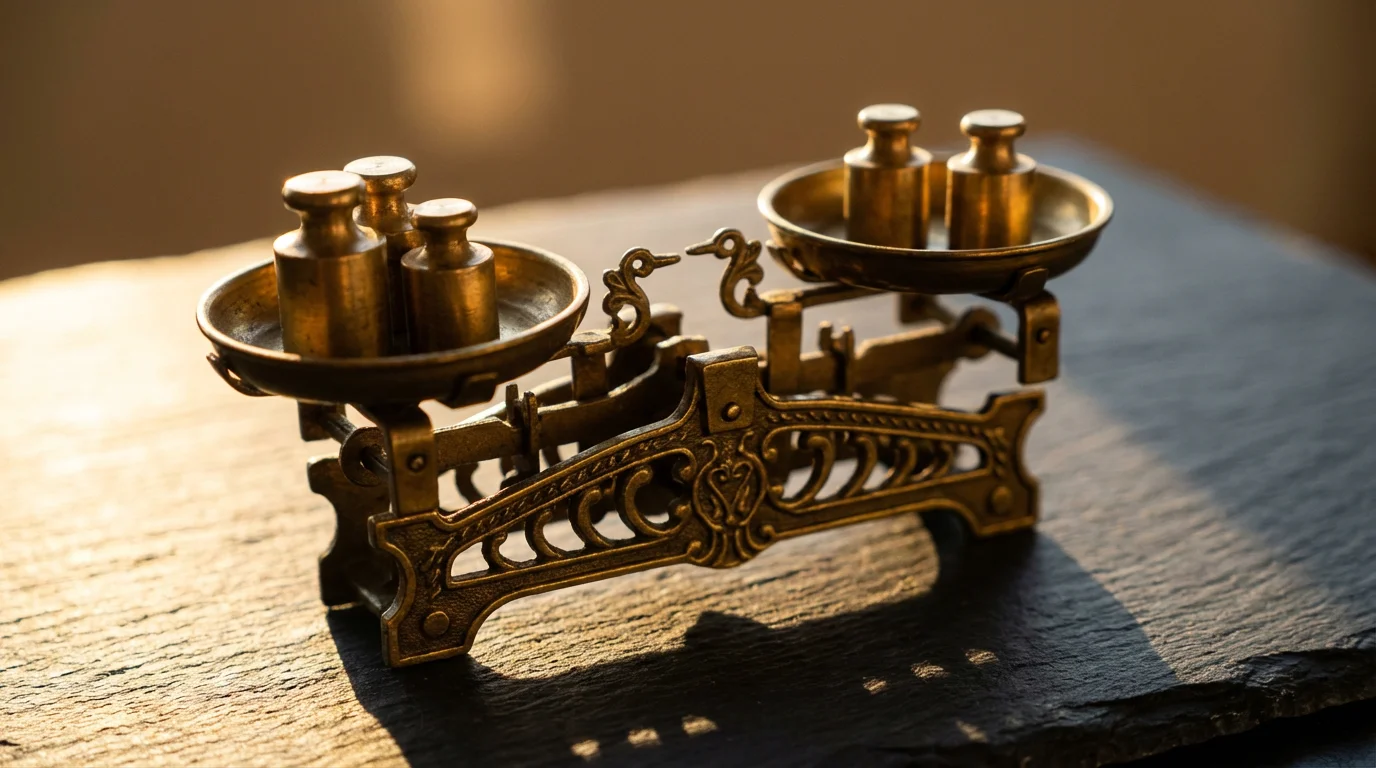 Macro photo of a brass balancing scale with unequal stacks of weights during sunset.