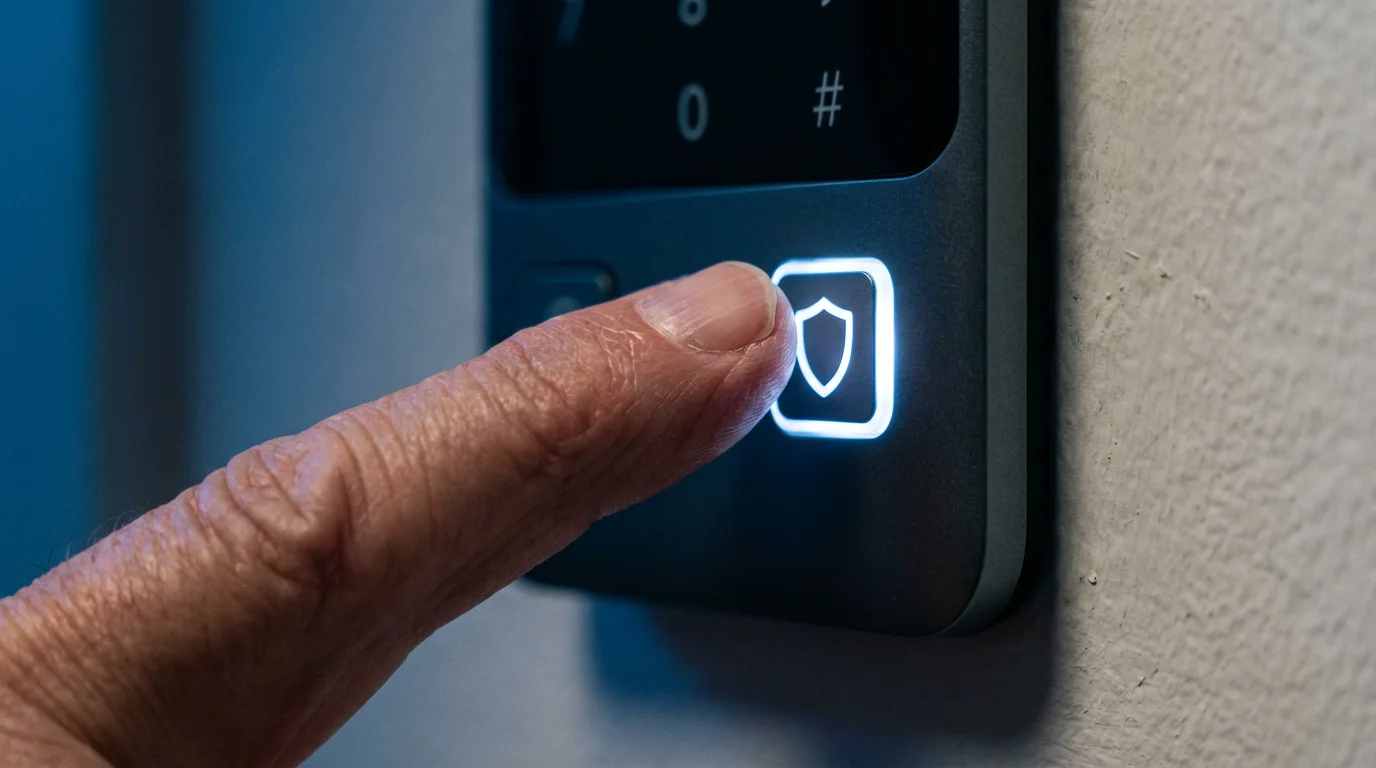 Macro photo of a finger about to press a glowing shield icon on a home security keypad.