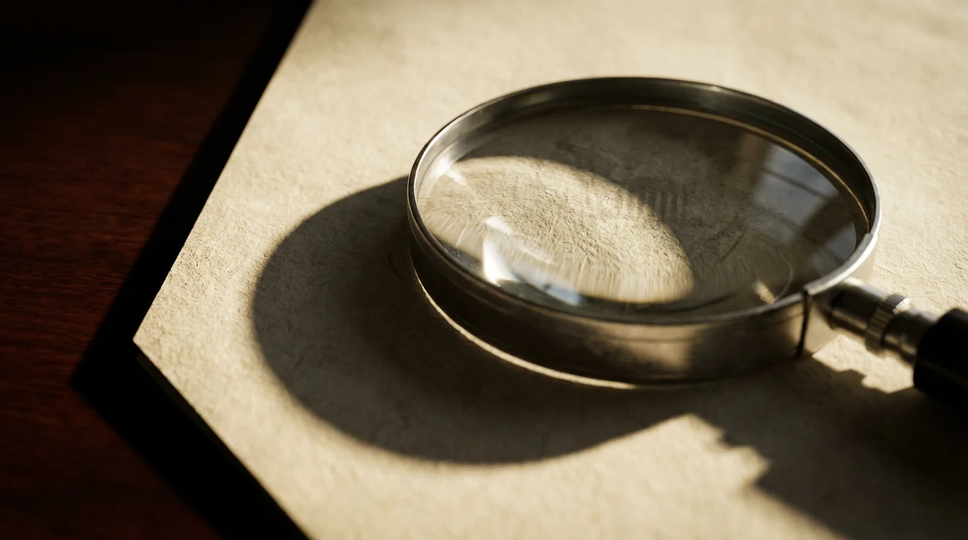 Macro photo of a magnifying glass resting on a paper document on a desk.