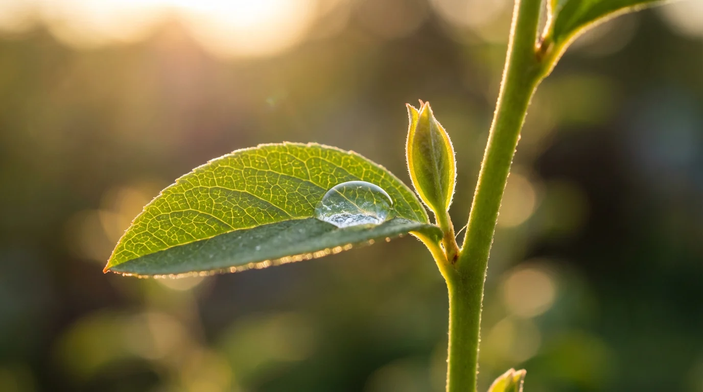 Macro photo of a plant's mature leaf and new bud in warm light.