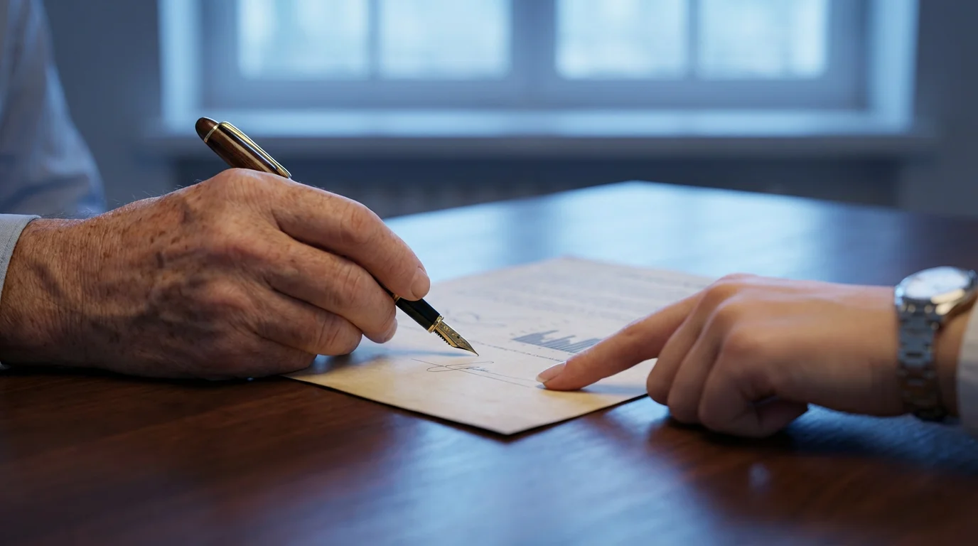 Macro photo of a senior's hand signing a financial document with an advisor's help.