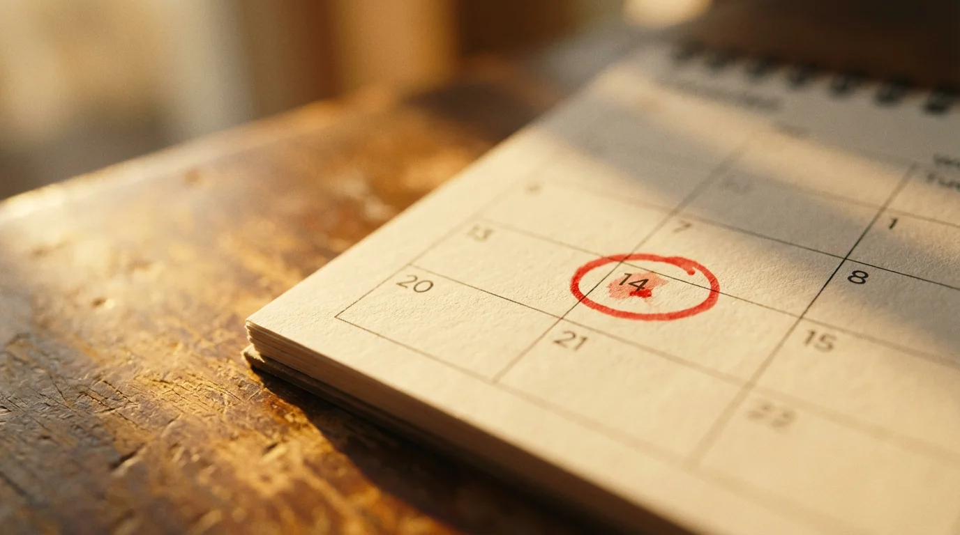 Macro photo of a single date circled in red on a paper desk calendar.