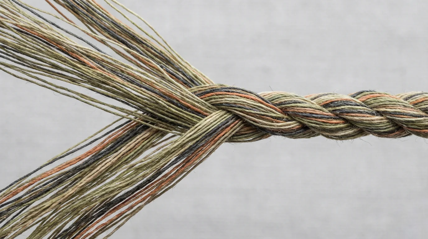 Macro photo of many fine threads weaving together into one strong cord, representing accumulation.