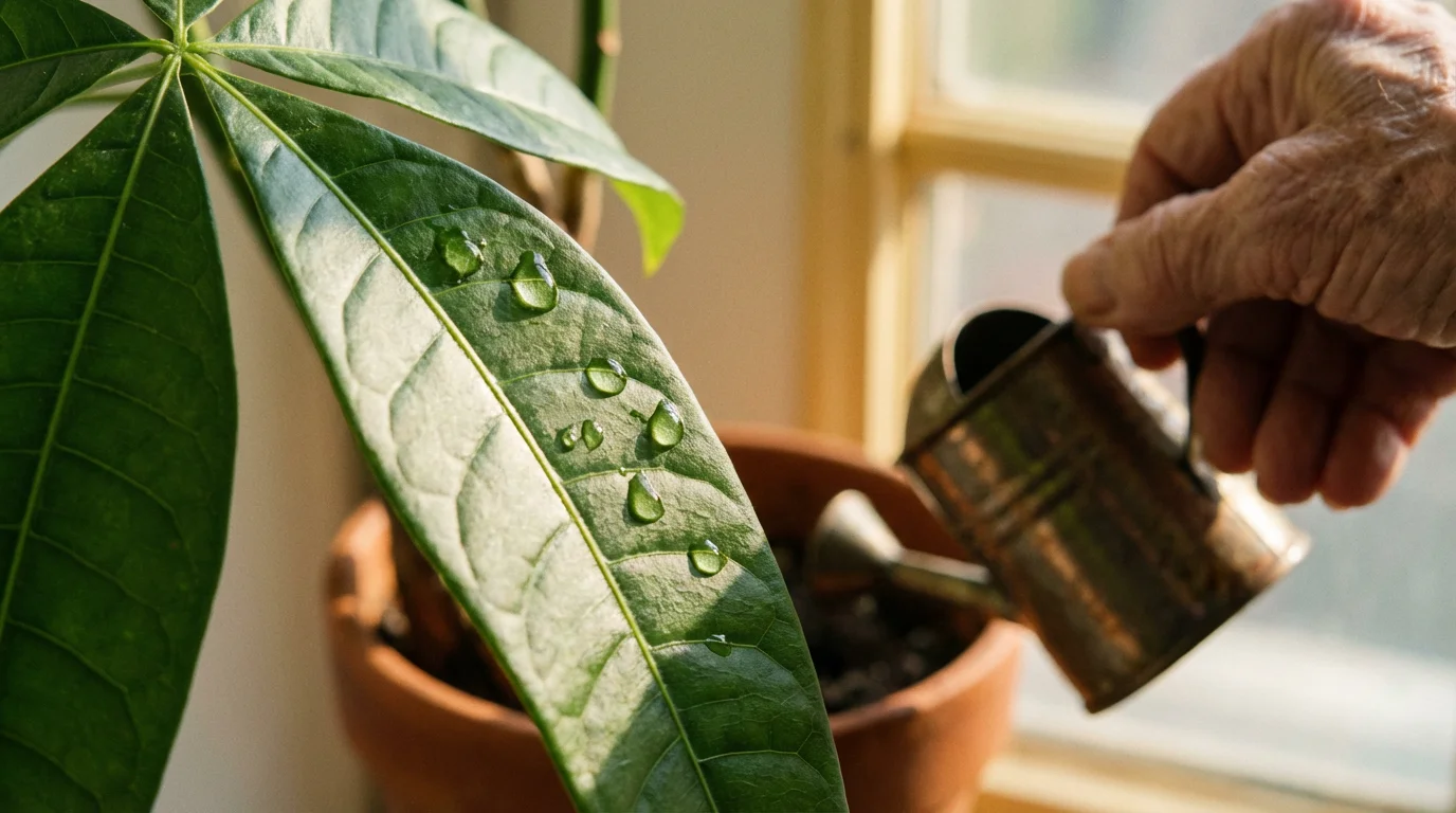 Macro photo of water droplets on a green plant leaf being watered.