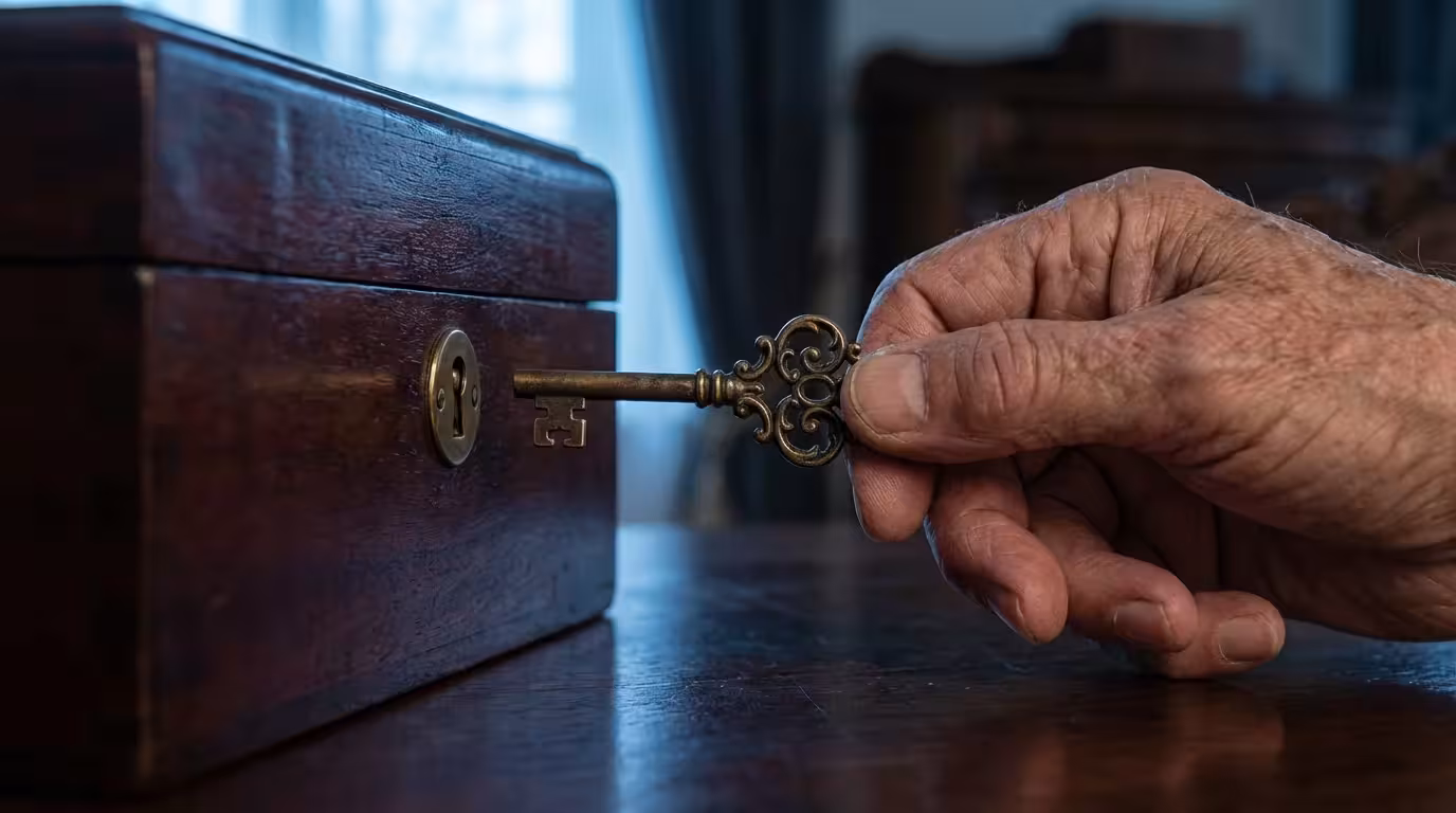 Macro photograph of a hand inserting an ornate vintage key into a wooden box.