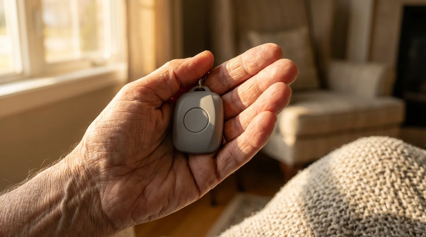 Macro photograph of an elderly person's hand holding a personal medical alert pendant button.