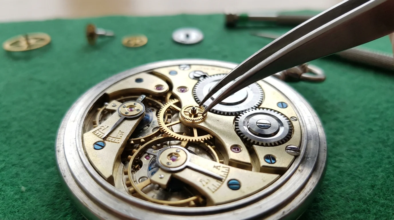 Macro photograph of tweezers adjusting a tiny gear in a complex watch mechanism.